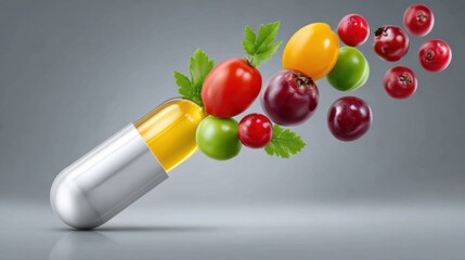 Colorful fruits and vegetables come out of a capsule in a creative design showcasing nutrition and health benefits