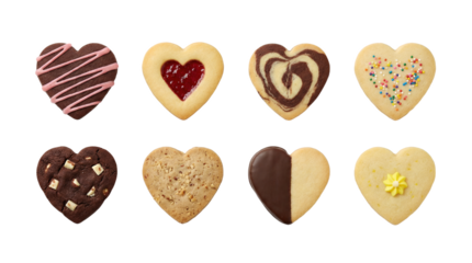 Heart shaped cookies set including chocolate chip, marble, jam filled, and sprinkle variants isolated. Valentine day and holiday bakery dessert collection.