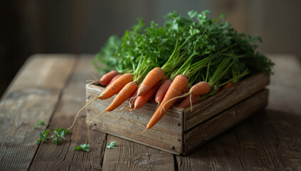 Fresh organic carrot bunch on wooden crate with green tops, rustic market harvest delight