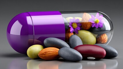 Colorful capsule with nuts, stones, and flowers on gray background during a health-themed display