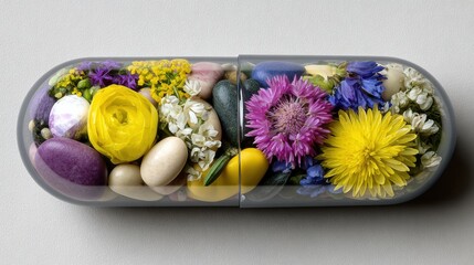 Unusual capsule filled with a variety of flowers and colorful stones on a simple background