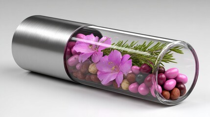 Creative capsule contains flowers and colorful candies set on a light background
