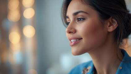 Young woman smiling thoughtfully in soft indoor light, warm bokeh glow