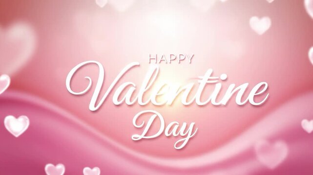 Happy valentine day greeting with pink flowing fabric and floating hearts
