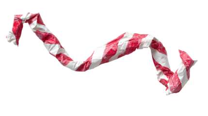 A crumpled red and white spiral stripe paper straw on a plain white background for creative or commercial use with eco friendly and sustainable