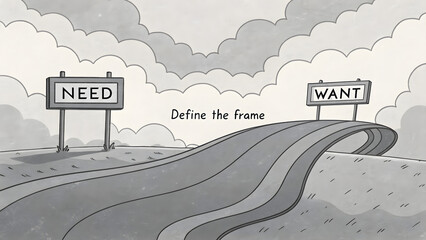 Road with Signs of Wanted and Needed in a Conceptual Scene