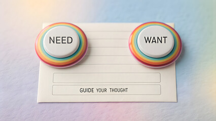 Two buttons displaying need and want over paper background