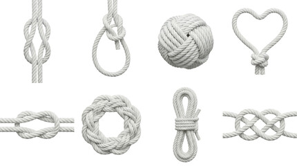 White rope knot set including figure eight, bowline, monkey fist, heart shape, and decorative wreath variants isolated. Marine and nautical cordage collection.