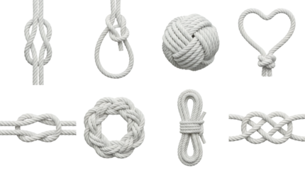 White rope knot set including figure eight, bowline, monkey fist, heart shape, and decorative wreath variants isolated. Marine and nautical cordage collection.