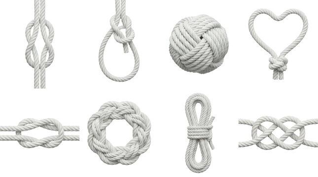 White rope knot set including figure eight, bowline, monkey fist, heart shape, and decorative wreath variants isolated. Marine and nautical cordage collection.