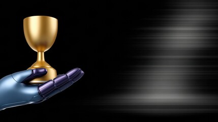 Hand holds a golden trophy against a dark background with blurred lines signifying motion and achievement in a digital world