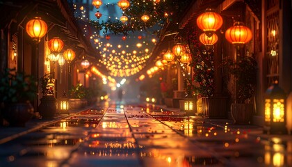 Obraz premium Enchanting traditional street illuminated by a warm glow of countless festive lanterns, reflecting vibrant lights on the wet path, creating a magical night market atmosphere