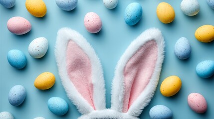 Top view of easter bunny ears with white, pink, blue and yellow eggs on pastel blue background, festive spring holiday decoration concept