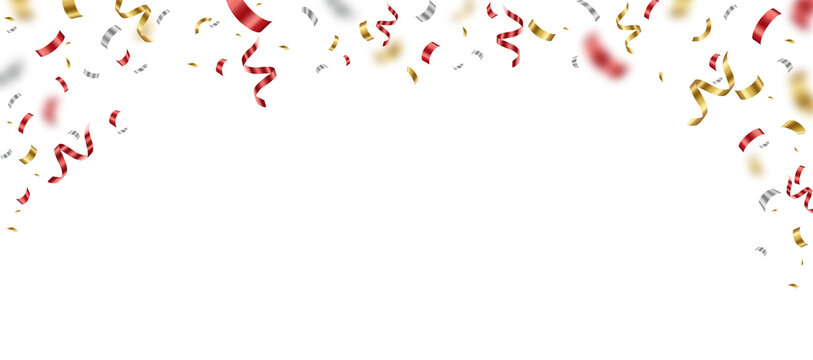 Red and gold confetti ribbons falling on transparent background, shiny gold glitter festive overlay for party invitations, celebration, holiday, New Year designs. High resolution ribbon confetti PNG