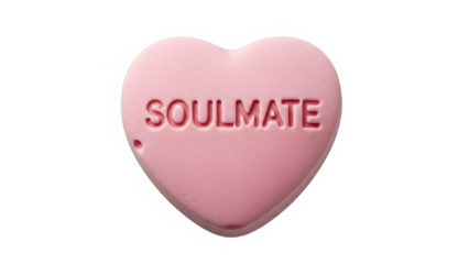 A sweet pink heart candy with the word 'soulmate' representing deep romantic connection isolated on transparent background