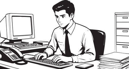 Focused Businessman Working On A Computer In An Office