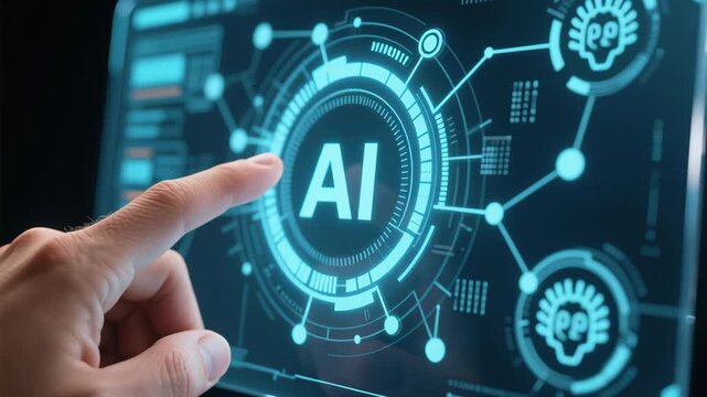 AI agent analyzing data, generating reports. Artificial intelligence technology drives business automation with futuristic digital interface finger control enhancing efficiency productivity
