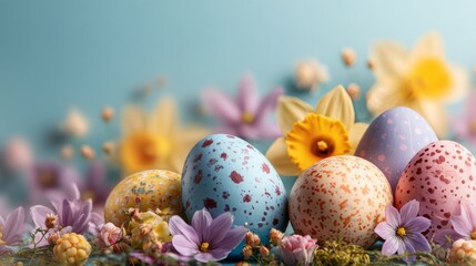 Happy easter concept with colorful decorated eggs, blooming spring flowers, and festive seasonal decorations on a bright background