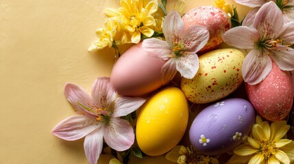 Happy easter concept with colorful decorated eggs, blooming spring flowers, and festive seasonal decorations on a bright background