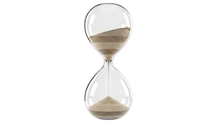 Glass hourglass with sand flowing against a white background