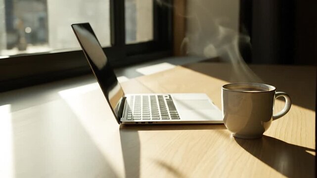Laptop and coffee cup sit on a wooden desk bathed in sunlight