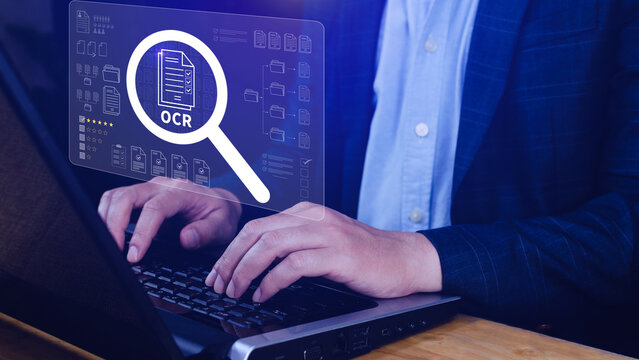 OCR technology concepts. using AI powered OCR with virtual interface, representing intelligent document scanning, text recognition, automation processing tools. not ai