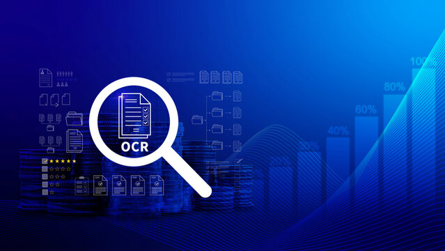 OCR technology concepts. using AI powered OCR with virtual interface, representing intelligent document scanning, text recognition, automation processing tools. not ai