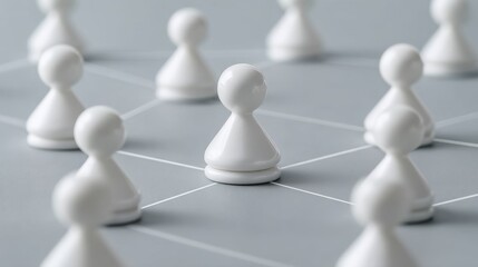 Obraz premium Abstract White Pawns on a Gray Surface Representing a Network of Interconnected Elements in a Strategic Pattern