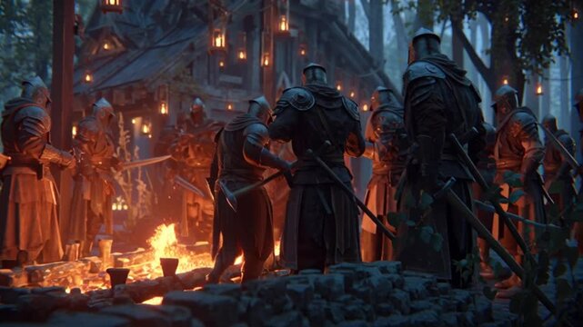 Medieval warriors gathered around campfire in forest