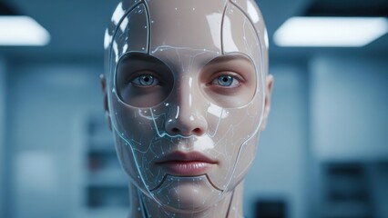 Advanced human-robot hybrid with intricate glowing neural network circuitry on a pristine interface