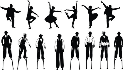 Obraz premium Vintage dance silhouette set featuring ballet, jazz, and swing performers with expressive poses for theatrical performance illustration artwork design