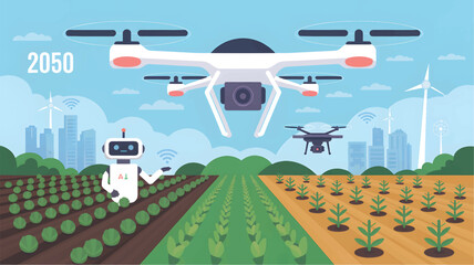Robot and drones in sustainable farm fields with cityscape and wind turbines, agriculture design