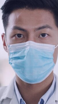 Scientist, face of man and mask in laboratory for compliance, medical research or cure development. Pathologist, person and safety for science experiment, vaccine innovation or ready for pharma study