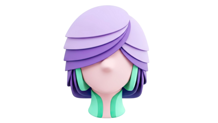 3D Abstract Character Head with Layered Purple Hair and Green Accents