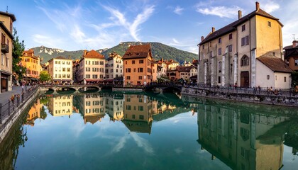 Fototapeta premium Picturesque European Cityscape - Reflections of Buildings in Tranquil Canal Waters.