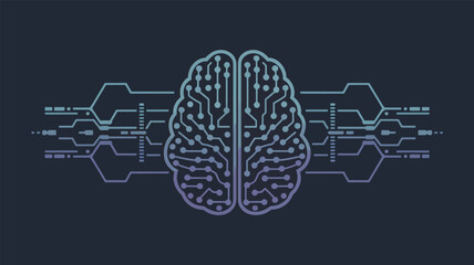 Brain with circuit board in shades of blue and purple on dark background computer chip