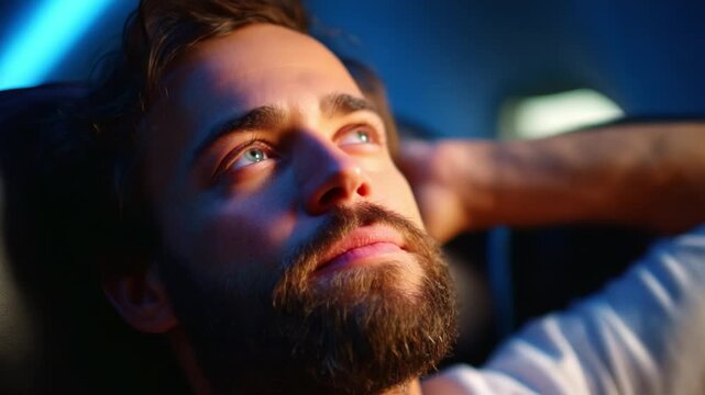 A contemplative moment captured in two frames, showcasing a man with a beard in a serene environment, illuminated by soft blue lighting, evoking feelings of introspection and tranquility amid a modern