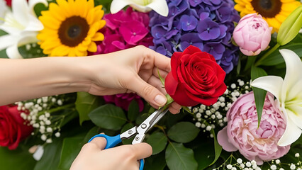 Carefully cutting a rose from a bouquet