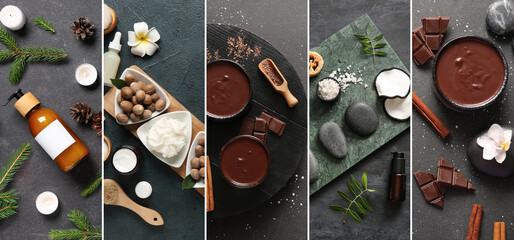 Fototapeta na wymiar Collage of spa supplies and natural ingredients on dark background