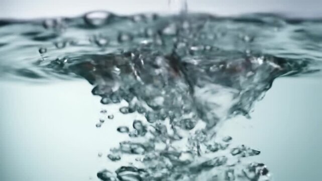 Mesmerizing ultra-slow motion video of crystal-clear water, elegant splash, ascending droplets, luminous bubbles. Pure white studio, diffuse light, concept of absolute freshness