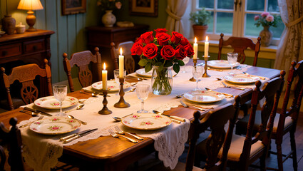 Cozy Candlelit Dinner Table with Red Roses