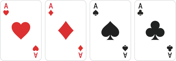 Four playing cards. Playing card suits icon set. Vector isolated on white.
Four Aces Playing Cards Illustration Poker Casino Card Set.