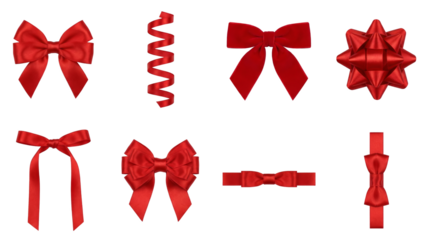 Red satin ribbon bow set including diverse shapes, rosette, spiral, knot, and gift ties isolated. Christmas and birthday celebration decoration collection.