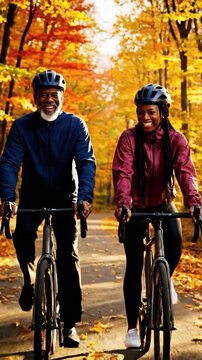 Smiling man and woman on bikes enjoying a vibrant autumn ride in nature's beauty