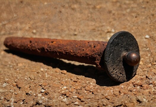 old iron railroad spike with flaky orange rust on natural cork mat with deep pits and holes, historical macro photography