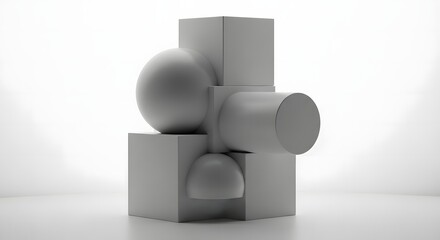 A minimalist study of basic geometric forms including cubes, a sphere, and a cylinder