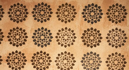 Brown floral pattern on a beige background with circular designs