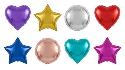 Mylar foil balloon set including heart, star, and round shapes in various metallic colors isolated. Birthday party and festive celebration decorations.