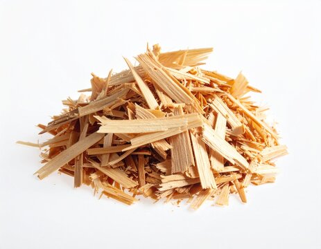 Pile of Light Brown Wood Chips on White Background - Detailed Close-up.