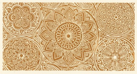 Close-up of intricate golden mandala designs on a textured surface with ornate patterns.